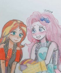 Size: 720x859 | Tagged: safe, artist:yumin, pinkie pie, sunset shimmer, equestria girls, equestria girls specials, g4, my little pony equestria girls: better together, my little pony equestria girls: holidays unwrapped, apron, blushing, clothes, colored pencil drawing, food, hairpin, pie, smiling, traditional art