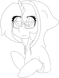 Size: 4143x5432 | Tagged: safe, artist:skylarpalette, oc, oc only, oc:skylar palette, pony, unicorn, black and white, bust, cheek fluff, clothes, concerned, fluffy, glasses, grayscale, half body, hood up, hoodie, horn, long mane, looking up, monochrome, simple background, sketch, solo, tired, transparent background, unicorn oc