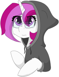 Size: 4143x5432 | Tagged: safe, artist:skylarpalette, oc, oc only, oc:skylar palette, pony, unicorn, bust, clothes, concern, female, full color, glasses, hoodie, horn, looking up, mare, pink, pink eyes, pink mane, simple background, simple shading, solo, tired, transparent background, unicorn oc, white fur