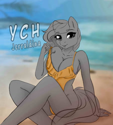 Size: 1224x1348 | Tagged: safe, pony, anthro, beach, clothes, commission, furry, summer, swimsuit, your character here