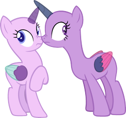 Size: 1470x1375 | Tagged: safe, artist:pegasski, oc, oc only, alicorn, pony, fame and misfortune, g4, alicorn oc, bald, base, boop, duo, eyelashes, female, frown, horn, mare, simple background, transparent background, two toned wings, wings