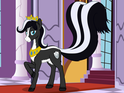 Size: 2745x2064 | Tagged: safe, artist:badumsquish, derpibooru exclusive, oc, oc only, original species, pony, skunk, skunk pony, series:equestria and the world, belly fluff, butt fluff, canterlot, carpet, crown, ear fluff, high res, jewelry, lidded eyes, looking at you, male, palace, peytral, prince, raised eyebrow, raised hoof, raised tail, red carpet, regalia, skunk stripe, smiling, smirk, solo, stallion, tail, two toned coat, unshorn fetlocks