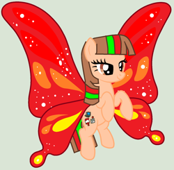 Size: 1300x1276 | Tagged: safe, artist:dianamur, artist:twidashfan1234, oc, oc only, oc:firefly solstice, butterfly, butterfly pony, hybrid, pegasus, pony, artificial wings, augmented, base used, butterfly wings, flying, glimmer wings, magic, magic wings, red wings, solo, wings