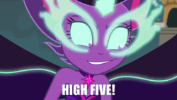 Size: 853x480 | Tagged: safe, edit, edited screencap, screencap, sci-twi, twilight sparkle, equestria girls, g4, my little pony equestria girls: friendship games, animated, female, high five, midnight sparkle, solo, text