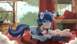 Size: 1750x1000 | Tagged: safe, artist:liquorice_sweet, oc, oc only, oc:liquorice sweet, oc:soaring skies, earth pony, pegasus, pony, cabin, cuddling, embrace, female, hug, love, male, mare, shipping, stallion