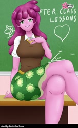 Size: 621x1024 | Tagged: safe, artist:clouddg, edit, editor:thomasfan45, cheerilee, human, equestria girls, g4, breasts, busty cheerilee, chalkboard, classroom, clothes, crossed legs, desk, female, legs, looking at you, school, sexy, shirt, signature, sitting, skirt, smiling, sockless edit, solo, sweater