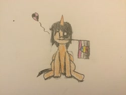 Size: 3264x2448 | Tagged: safe, artist:uniconwizard, oc, oc only, oc:bb-x, original species, asexual, asexual pride flag, black sclera, floating heart, genderless, godlike, heart, high res, hive mind, male, missing texture, not alicorn, one eye closed, panromantic, panromantic pride flag, picture, pride, pride flag, solo, traditional art, white pupils, wink