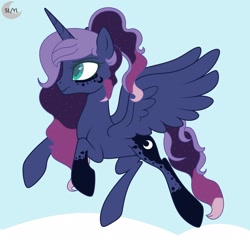 Size: 1920x1845 | Tagged: safe, artist:savannah-london, princess luna, alicorn, pony, g4, alternate design, base used, cloud, coat markings, colored eyebrows, colored eyelashes, colored pupils, concave belly, ethereal mane, eye markings, female, flying, logo, mare, redesign, sky, slender, socks (coat markings), solo, spread legs, spread wings, spreading, starry mane, thin, wings