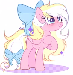 Size: 1920x1964 | Tagged: safe, artist:mint-light, oc, oc only, oc:bay breeze, pegasus, pony, blushing, bow, cute, female, hair bow, looking up, mare, simple background, sparkles, tail bow, white background