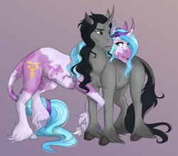 Size: 888x781 | Tagged: safe, artist:askbubblelee, idw, king sombra, radiant hope, pony, unicorn, g4, digital art, duo, female, redesign, ship:hopebra, shipping, simple background, straight, unshorn fetlocks