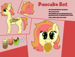 Size: 2017x1531 | Tagged: safe, artist:trooper3, oc, oc only, oc:pancake bat, bat pony, pony, bat pony oc, bat wings, bust, cute, female, food, grin, heart, looking at you, mare, nom, ocbetes, pancakes, profile, red background, reference sheet, simple background, smiling, solo, starry eyes, text, wingding eyes, wings