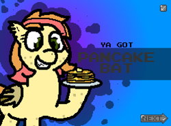 Size: 496x368 | Tagged: safe, artist:trooper3, oc, oc only, oc:pancake bat, bat pony, pony, banned from equestria daily, abstract background, bat pony oc, bat wings, cute, ear tufts, female, food, freckles, grin, hoof hold, mare, meme, ocbetes, pancakes, plate, smiling, solo, splash art, squee, style emulation, wings, ya got