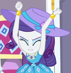 Size: 371x379 | Tagged: safe, screencap, rarity, camping must-haves, equestria girls, g4, my little pony equestria girls: better together, armpits, arms in the air, belt buckle, bracelet, clothes, dress, eyes closed, eyeshadow, female, frilly design, geode of shielding, hat, jewelry, magical geodes, makeup, pendant, rarity peplum dress, sleeveless, solo, sun hat