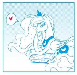 Size: 2424x2339 | Tagged: safe, artist:mrs1989, princess luna, alicorn, pony, g4, crown, female, heart, high res, jewelry, looking at you, lying down, mare, monochrome, peytral, pillow, regalia, smiling, solo