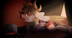 Size: 1682x888 | Tagged: safe, artist:loopdalamb, oc, oc only, oc:honey bunny, oc:hunbun, hybrid, pegasus, pony, arctic monkeys, bed, coat markings, facial markings, looking at you, lying down, sad, scene, shading, snip (coat marking), solo, two toned wings, wings