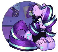 Size: 3365x3000 | Tagged: safe, artist:bunxl, starlight glimmer, pony, unicorn, g4, season 8, the parent map, choker, ear piercing, edgelight glimmer, ethereal mane, female, fishnet stockings, heart, heart eyes, high res, lying down, mare, nose piercing, piercing, poster, prone, simple background, solo, sparkly mane, sparkly tail, spiked choker, starry mane, starry tail, tail, teenage glimmer, teenager, tomboy, transparent background, wingding eyes, younger