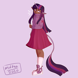 Size: 2000x2000 | Tagged: safe, artist:miffxn, twilight sparkle, human, g4, alternate hairstyle, clothes, converse, dark skin, eared humanization, female, high res, horn, horned humanization, humanized, leonine tail, purple background, shoes, simple background, skirt, socks, solo, sweater, tailed humanization, twilight sparkle is not amused, unamused