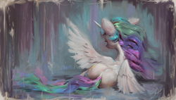 Size: 1200x682 | Tagged: safe, artist:assasinmonkey, princess celestia, alicorn, pony, g4, butt, cute, digital painting, female, horn, looking away, mare, plot, rain, solo, sunbutt, wings