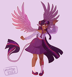 Size: 1740x1868 | Tagged: safe, artist:miffxn, twilight sparkle, alicorn, human, g4, alicorn humanization, alternate hairstyle, belt, blushing, clothes, cutie mark on human, cutie mark tattoo, dark skin, eared humanization, female, flats, grin, horn, horned humanization, humanized, leonine tail, purple background, see-through, shirt, shoes, simple background, skirt, smiling, socks, solo, tailed humanization, tattoo, twilight sparkle (alicorn), waving, winged humanization