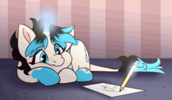 Size: 1236x724 | Tagged: safe, artist:kisaradoesart16, oc, oc only, oc:cyan brush, pony, unicorn, animated, drawing, female, gif, indoors, leonine tail, pencil, solo