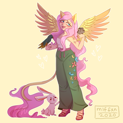 Size: 3000x3000 | Tagged: safe, artist:miffxn, angel bunny, fluttershy, bird, butterfly, human, owl, parrot, rabbit, g4, alternate hairstyle, animal, blushing, clothes, cutie mark on human, cutie mark tattoo, eared humanization, feet, female, high res, humanized, leonine tail, lipstick, male, nail polish, pants, sandals, simple background, solo, sweatpants, tailed humanization, tank top, tattoo, toenail polish, toes, winged humanization, wings, yellow background