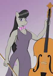 Size: 595x842 | Tagged: safe, artist:afhybrid, octavia melody, earth pony, anthro, g4, bow, bow (instrument), bowtie, breasts, cello, clothes, dress, female, musical instrument, side slit, simple background, solo, total sideslit