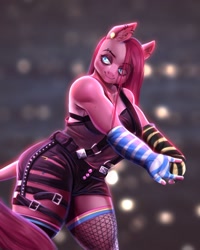 Size: 1280x1603 | Tagged: safe, artist:bananitryi, pinkie pie, earth pony, anthro, g4, clothes, ear piercing, eyebrow piercing, female, gloves, leonine tail, piercing, pinkamena diane pie, solo, striped gloves, suspenders