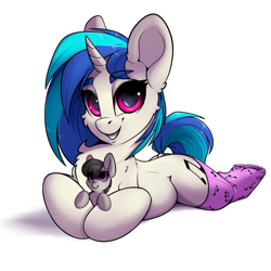 Size: 3000x3000 | Tagged: safe, artist:skitsroom, dj pon-3, octavia melody, vinyl scratch, earth pony, pony, unicorn, g4, background pony, chest fluff, clothes, crush plush, cute, ear fluff, female, high res, hoof hold, implied lesbian, implied scratchtavia, implied shipping, mare, open mouth, plushie, simple background, socks, solo, underhoof, vinylbetes, white background