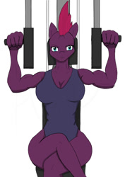 Size: 595x842 | Tagged: safe, artist:afhybrid, tempest shadow, unicorn, anthro, g4, breasts, broken horn, busty tempest shadow, clothes, crossed legs, exercise machine, female, gym, horn, leotard, looking at you, muscles, muscular female, simple background, sitting, solo, temple shadow, weight lifting, white background, workout