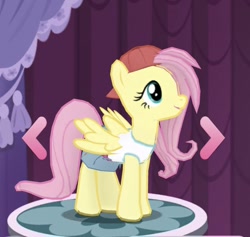 Size: 588x558 | Tagged: safe, gameloft, fluttershy, pegasus, pony, g4, 3d, 90s grunge fluttershy, backwards ballcap, baseball cap, cap, female, game screencap, hat, mare, outfit, solo