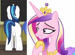Size: 3008x2184 | Tagged: safe, edit, edited screencap, screencap, princess cadance, shining armor, g4, butt, eyes on the prize, female, high res, looking at butt, mare, plot, shieldbutt