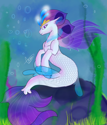 Size: 2400x2800 | Tagged: safe, artist:sashakruchkinatv, queen novo, seapony (g4), g4, my little pony: the movie, bioluminescent, bubble, crown, eyelashes, female, fin wings, fins, fish tail, high res, jewelry, purple eyes, regalia, rock, seaweed, signature, smiling, solo, underwater, water, wings