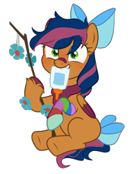 Size: 927x1198 | Tagged: safe, artist:al-lat, oc, oc only, oc:solar comet, pegasus, pony, bandaid, bandaid on nose, bandana, bow, clothes, disguise, disguised changedling, eyelashes, flower, glue, hair bow, simple background, sitting, smiling, sock, socks, solo, stick, striped socks, tail bow, transparent background
