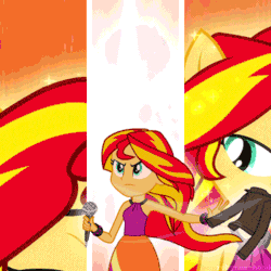 Size: 500x500 | Tagged: safe, edit, edited screencap, screencap, sunset shimmer, equestria girls, g4, my little pony equestria girls: rainbow rocks, animated, female, gif, looking at you, microphone, ponied up, sleeveless, smiling, solo, transformation, welcome to the show