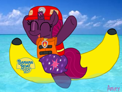 Size: 1440x1080 | Tagged: safe, artist:徐詩珮, fizzlepop berrytwist, tempest shadow, series:sprglitemplight diary, series:sprglitemplight life jacket days, series:springshadowdrops diary, series:springshadowdrops life jacket days, g4, alternate universe, banana boat, clothes, female, lifejacket, marshall (paw patrol), paw patrol, ultimate rescue