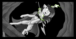 Size: 3272x1692 | Tagged: safe, artist:tillie-tmb, oc, oc:tempest, pony, unicorn, comic:the amulet of shades, comic, female, magic, malnourished, mare, solo, spear, weapon
