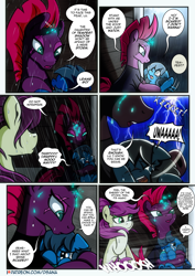 Size: 2480x3508 | Tagged: safe, artist:dsana, fizzlepop berrytwist, tempest shadow, oc, oc:lullaby dusk, oc:thistledown, earth pony, pegasus, pony, unicorn, comic:a storm's lullaby, broken horn, comic, crying, female, filly, horn, lightning, mare, runny nose, scar, scared, storm, tears of fear