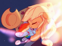 Size: 1080x810 | Tagged: artist needed, safe, applejack, rainbow dash, earth pony, pegasus, pony, g4, applejack's hat, cowboy hat, crush plush, cute, eyes closed, female, hat, jackabetes, lesbian, mare, plushie, ship:appledash, shipping, sleeping, stetson