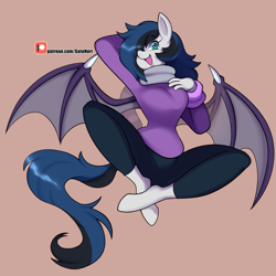 Size: 2514x2517 | Tagged: safe, artist:norithecat, oc, oc only, bat pony, anthro, unguligrade anthro, bat pony oc, bat wings, breasts, clothes, commission, digital art, female, hand on chest, high res, looking at you, mare, open mouth, simple background, solo, tail, wings