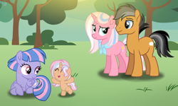 Size: 1280x768 | Tagged: safe, artist:purplepotato04, clear sky, quibble pants, wind sprint, oc, oc:bliss, pony, g4, father and child, father and daughter, female, half-siblings, half-sisters, male, mother and child, mother and daughter, offspring, parent:clear sky, parent:quibble pants, parents:quibblesky, ship:quibblesky, shipping, stepfather and daughter, straight