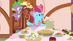 Size: 1920x1080 | Tagged: safe, screencap, cup cake, spike, dragon, pony, g4, the big mac question, apple, batter, female, flour, food, mare, pie, tongue out, winged spike, wings