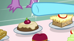 Size: 1920x1080 | Tagged: safe, screencap, cup cake, spike, dragon, g4, the big mac question, apple, dessert, food, winged spike, wings