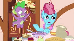 Size: 1920x1080 | Tagged: safe, screencap, cup cake, spike, dragon, pony, g4, the big mac question, apple, batter, female, flour, food, mare, pie, winged spike, wings