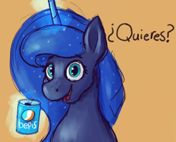 Size: 2048x1651 | Tagged: safe, artist:phutashi, princess luna, alicorn, pony, g4, bepis, bust, dialogue, drink, female, glowing horn, holding, horn, looking at you, magic, mare, offering, open mouth, orange background, simple background, smiling, solo, spanish, talking to viewer, telekinesis, three quarter view, translated in the description, ¿quieres?