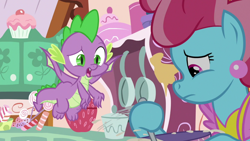 Size: 1920x1080 | Tagged: safe, screencap, cup cake, spike, dragon, pony, g4, the big mac question, candy, female, food, mare, winged spike, wings