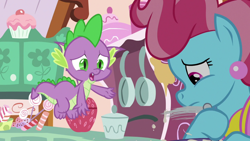 Size: 1920x1080 | Tagged: safe, screencap, cup cake, spike, dragon, pony, g4, the big mac question, candy, female, food, mare, winged spike, wings