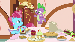 Size: 1920x1080 | Tagged: safe, screencap, cup cake, spike, dragon, pony, g4, the big mac question, apple, batter, female, flour, food, mare, pie, winged spike, wings