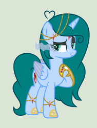 Size: 1953x2585 | Tagged: safe, artist:lominicinfinity, oc, oc only, oc:infinity mi rosalinda, alicorn, pony, female, infinity gauntlet, mare, simple background, solo, two toned wings, wings