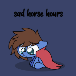 Size: 1000x1000 | Tagged: safe, artist:sugar morning, oc, oc only, oc:bizarre song, pegasus, pony, animated, cape, chibi, clothes, crying, cute, depressed, gif, male, sad, sadorable, simple background, sitting, solo, stallion, text