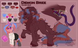 Size: 3059x1900 | Tagged: safe, artist:twisoft, oc, oc only, oc:bree, demon, demon pony, original species, pony, unicorn, clothes, fangs, glasses, horn, horns, palette, reference sheet, sharp teeth, simple background, teeth, tongue out, transformation, unicorn oc